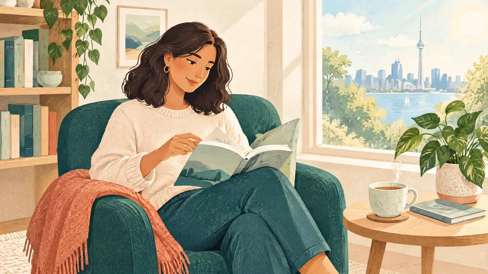 Illustration: a cozy reading corner with a woman flipping through a guidebook, a cup of tea and a plant, sunny window.
