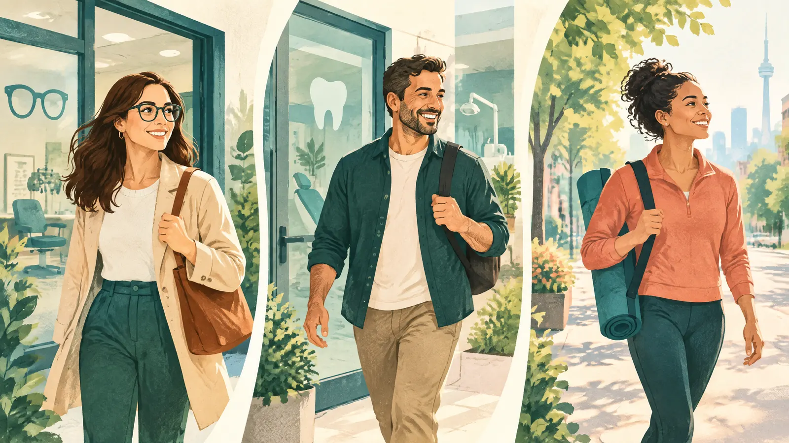 Illustration: a woman walking out of an eye clinic in new glasses, a man leaving a dental office smiling, and a person carrying a yoga mat on a sunny street.