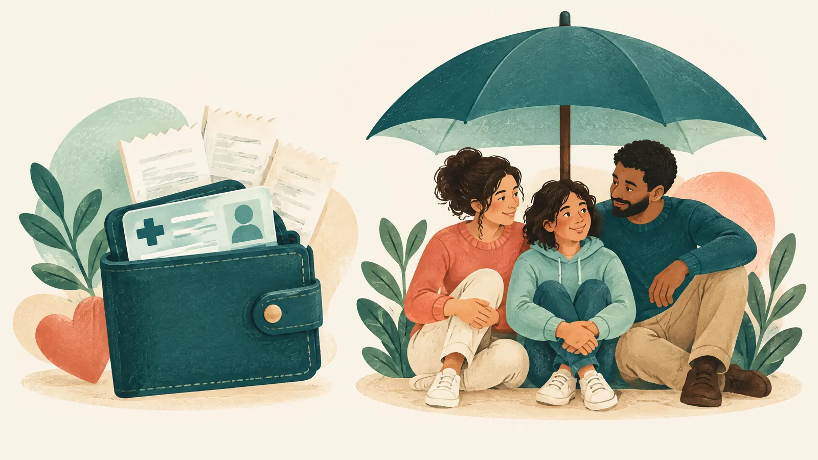 Illustration: a wallet with a health card and receipts beside a protective umbrella over three people.