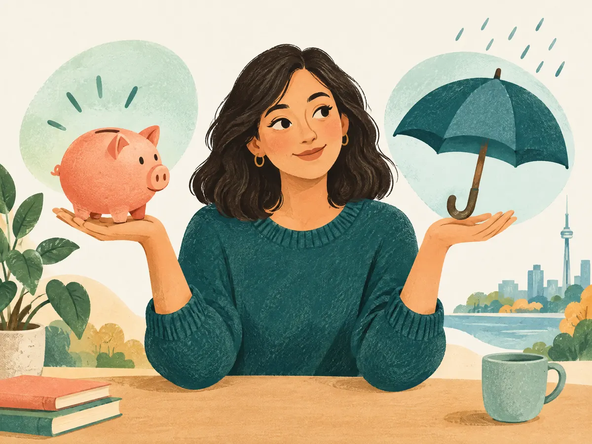 Illustration: a woman choosing between a piggy bank and an umbrella.