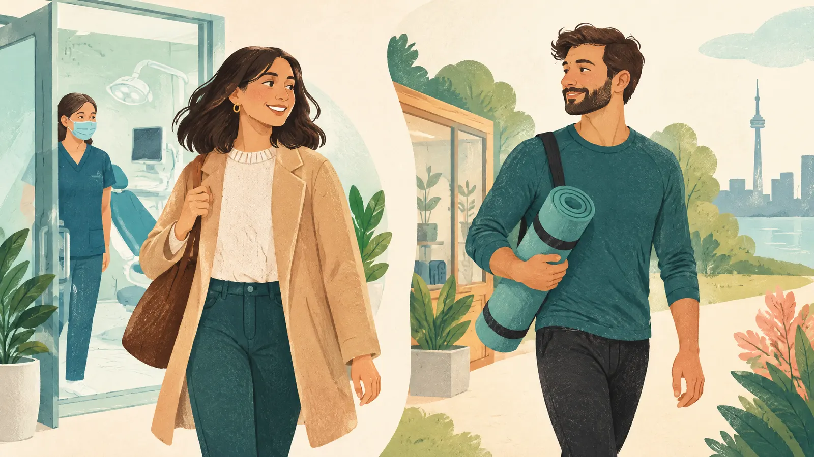 Illustration: a woman leaving a dentist on one side and a man carrying a yoga mat on the other.