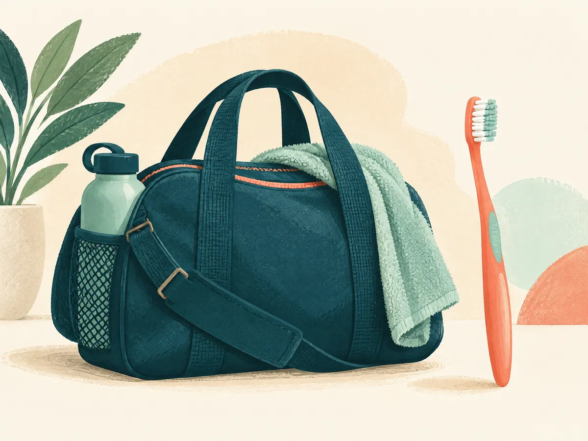 Illustration: a gym bag and a toothbrush side by side.
