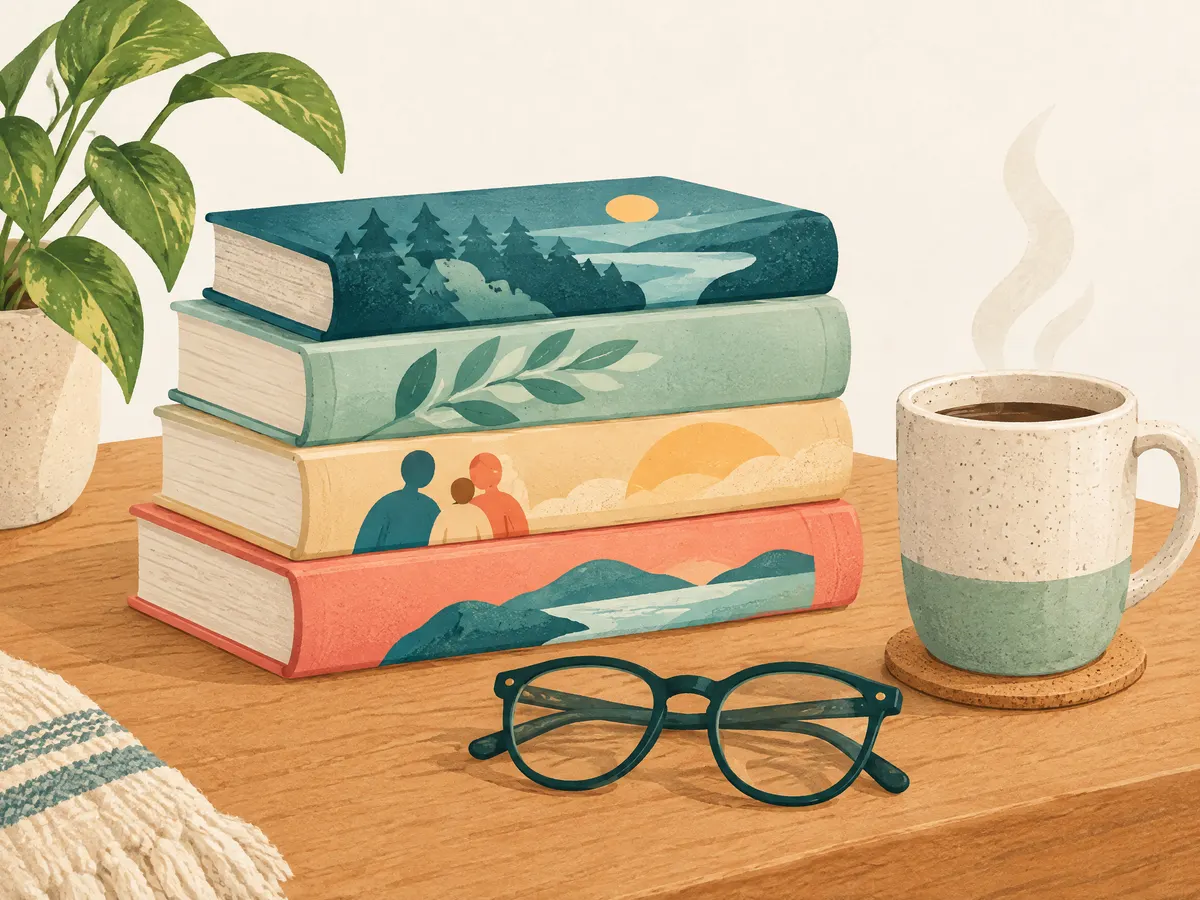 Illustration: a stack of friendly guidebooks, a pair of glasses and a mug on a wooden table.