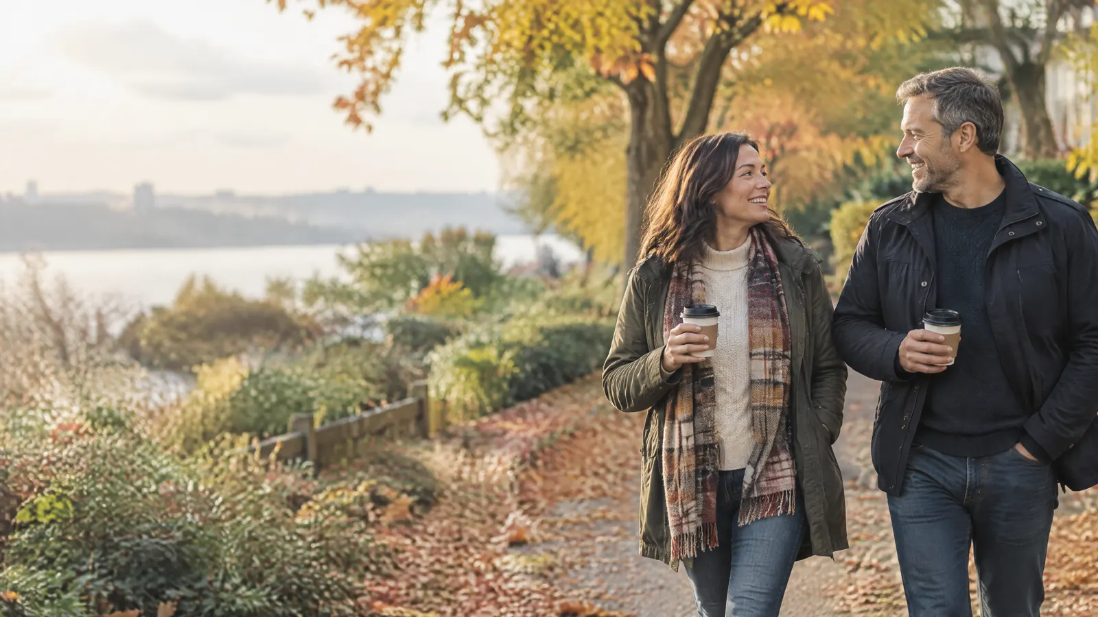 A woman in her forties takes a slow morning walk with her partner along a leafy neighbourhood path in autumn, both smiling and holding coffee cups, recovery and everyday life in the background.