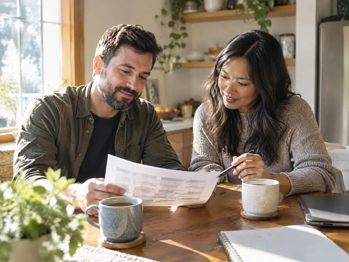 A man returning to work on a gradual schedule sits at a sunlit kitchen-style office table with a supportive colleague, reviewing a printed schedule together over mugs of tea.