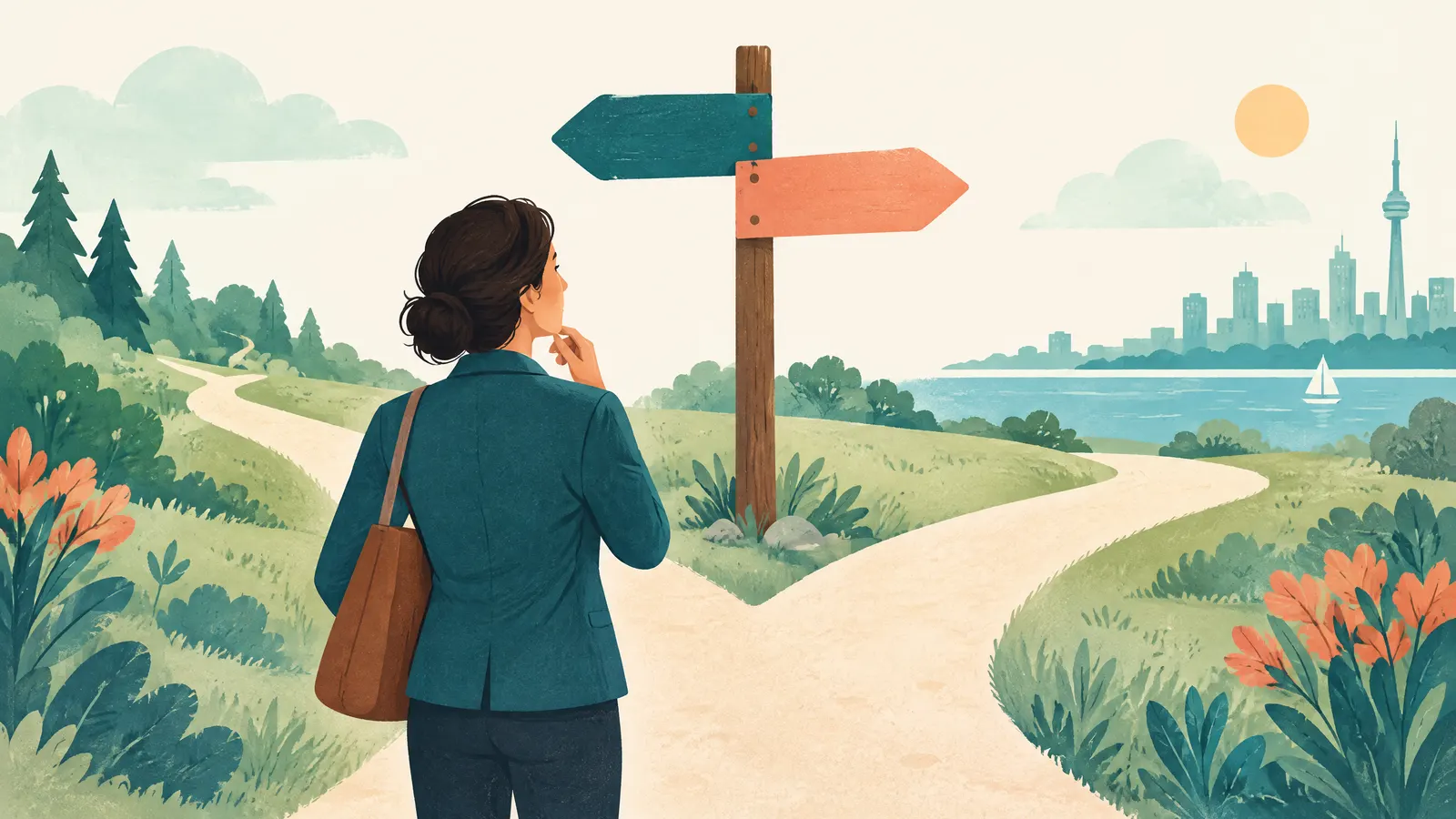 Illustration: a friendly crossroads signpost with no text, an employer looking at two paths.