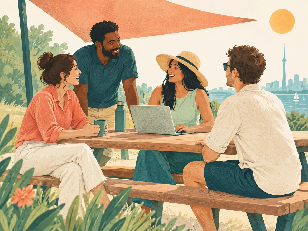 Illustration: a small team under a sun shade on a summer day.