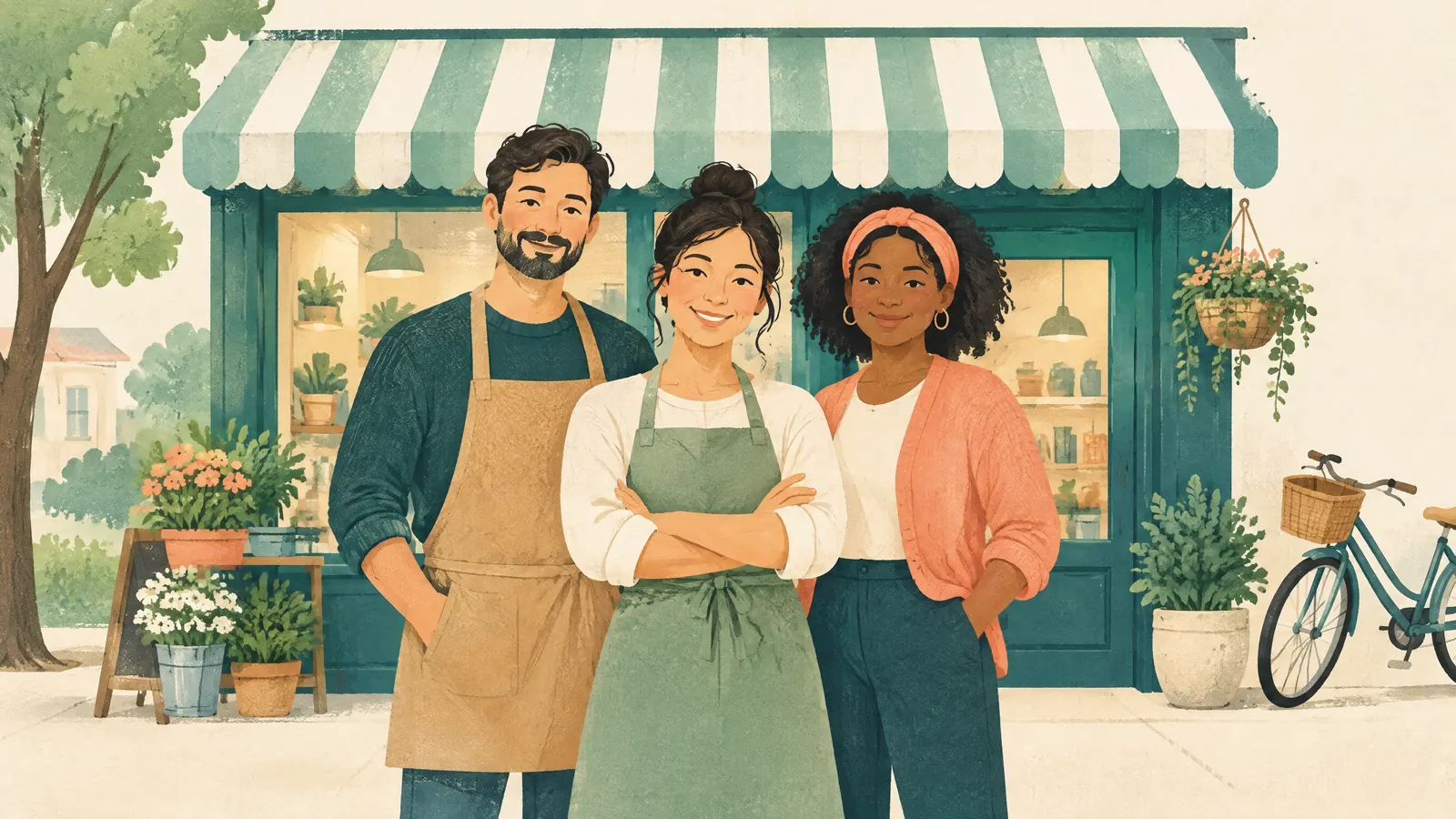 Illustration: a tiny team of three people standing proudly in front of their small shop.