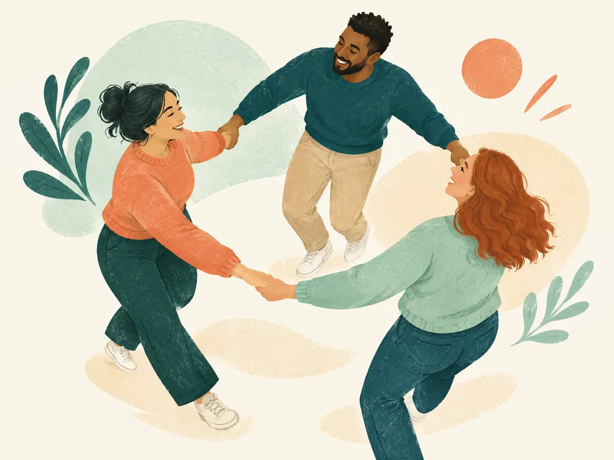 Illustration: three people of a small team holding hands in a playful circle.