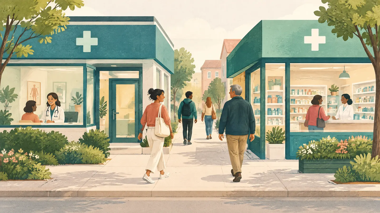 Illustration: a doctor's clinic and a pharmacy side by side on a friendly street, people walking between them.