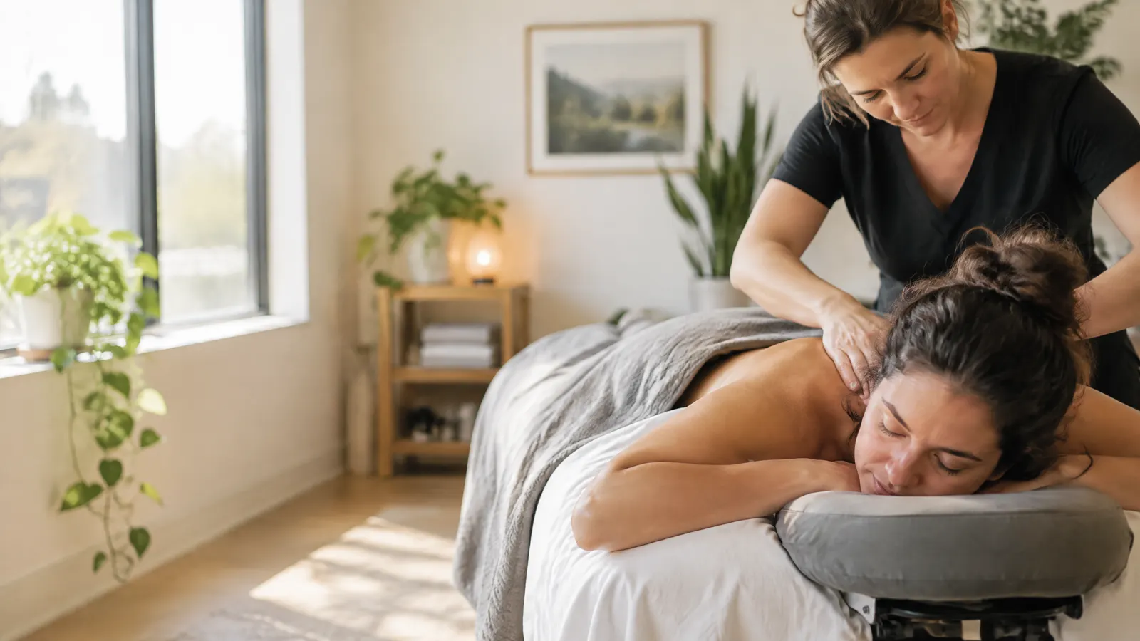 A woman in her thirties relaxes face down on a treatment table while a registered massage therapist works on her shoulders in a bright, calm clinic room with soft daylight and plants.