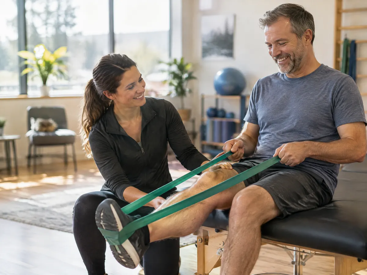 A physiotherapist guides a middle-aged man through a resistance band exercise for his knee in an airy rehab studio, both smiling as he completes the movement.