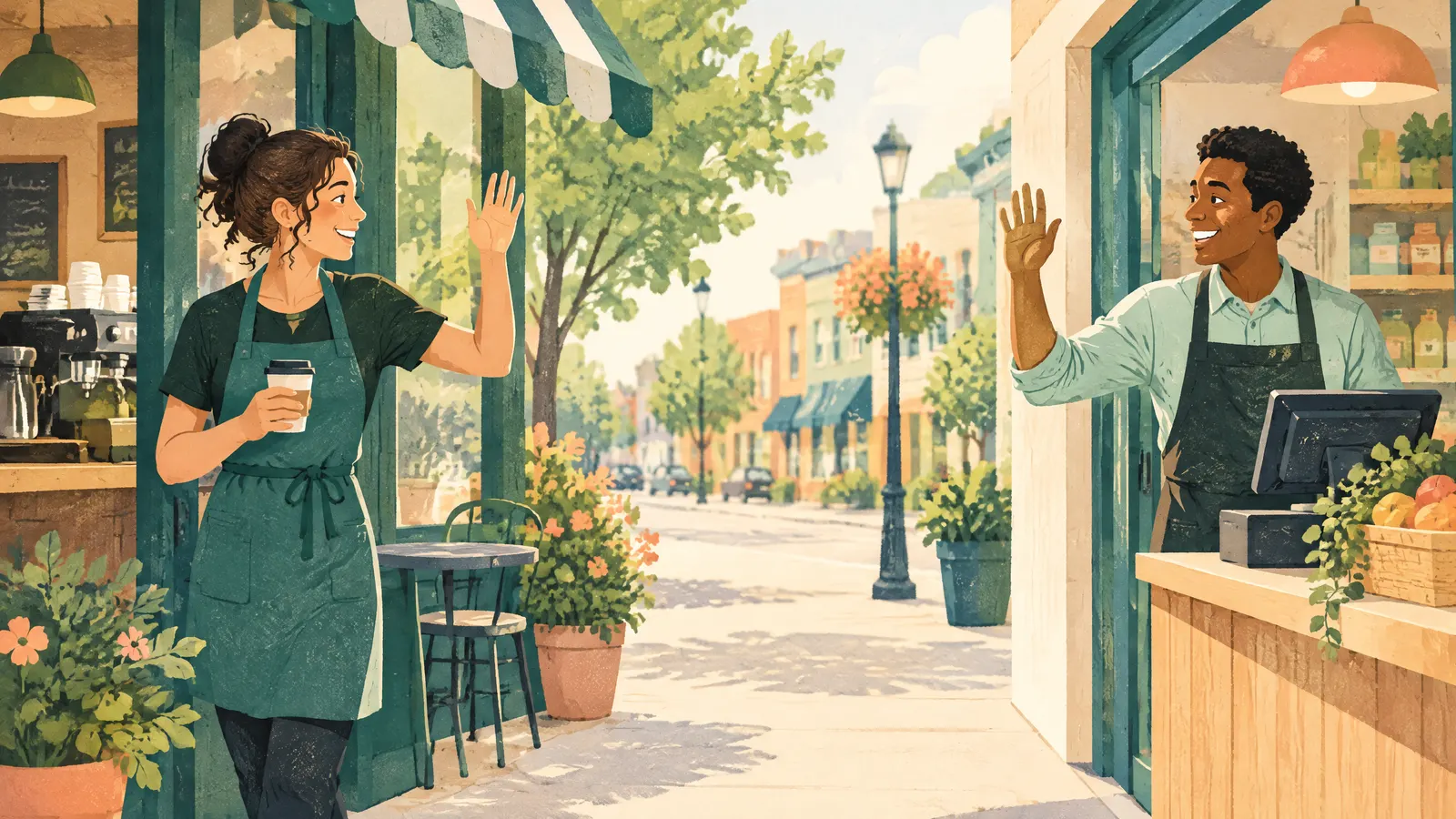 Illustration: a part-time barista and a part-time cashier waving to each other on a sunny street.