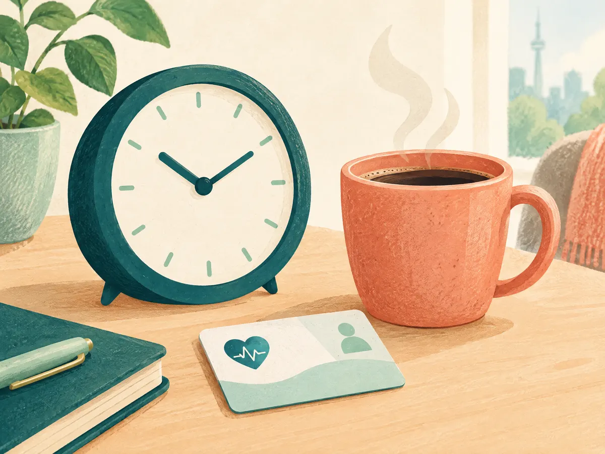 Illustration: a clock and a coffee cup with a small health card.