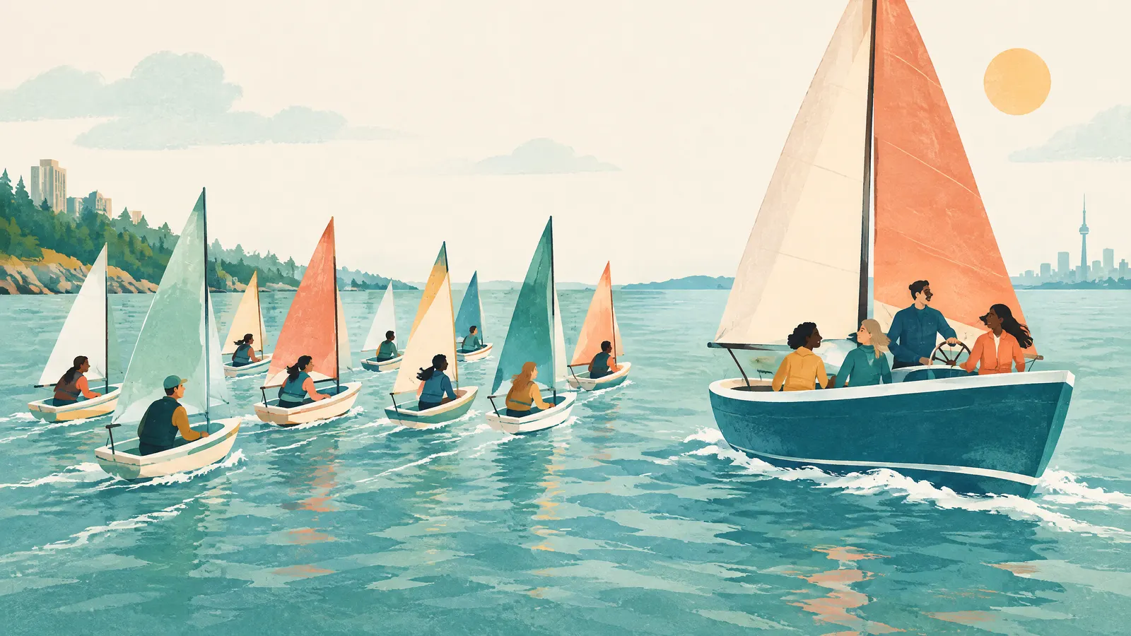 Illustration: many small boats sailing together in a group next to a single larger boat.