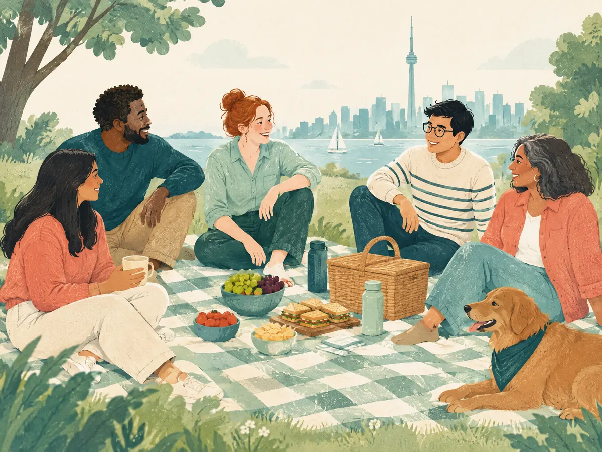 Illustration: a group of people sharing a big picnic blanket.
