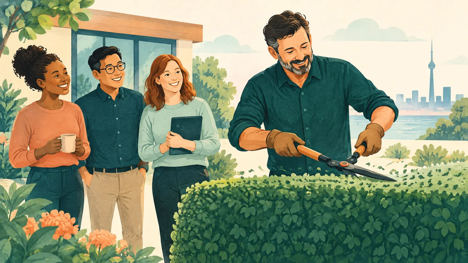 Illustration: a business owner trimming a hedge into a tidy shape while employees smile nearby.