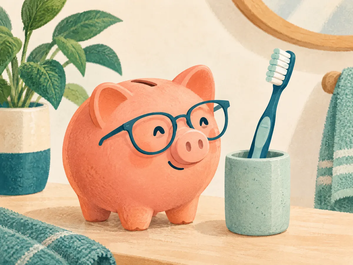 Illustration: a piggy bank wearing glasses next to a toothbrush.