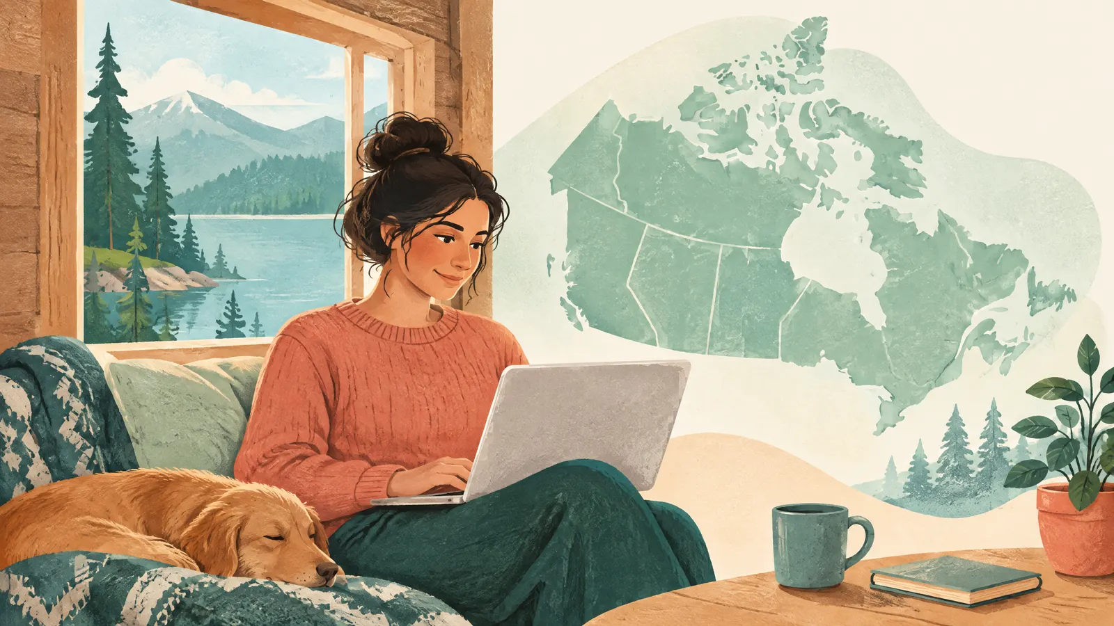 Illustration: a remote worker on a laptop by a cabin window with a map of Canada in soft shapes behind.