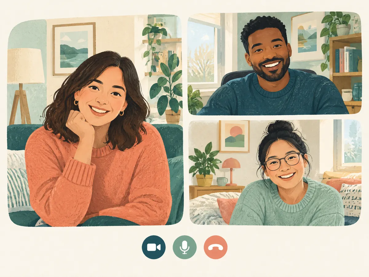 Illustration: three people on a video call from different cozy homes.