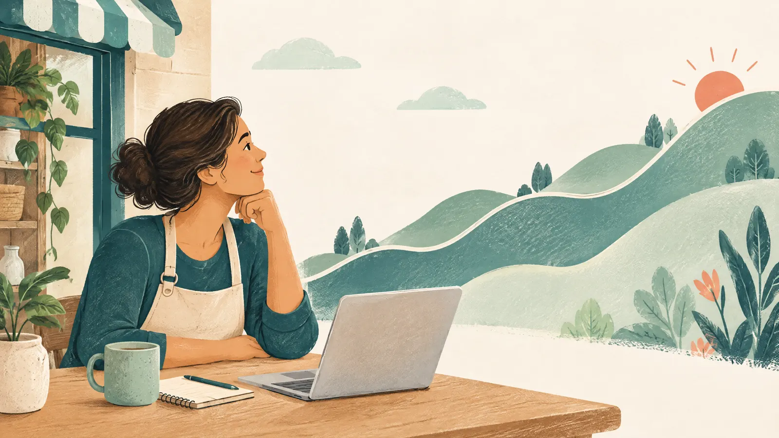 Illustration: a small business owner watching a gently rising line drawn as rolling hills, curious and calm.