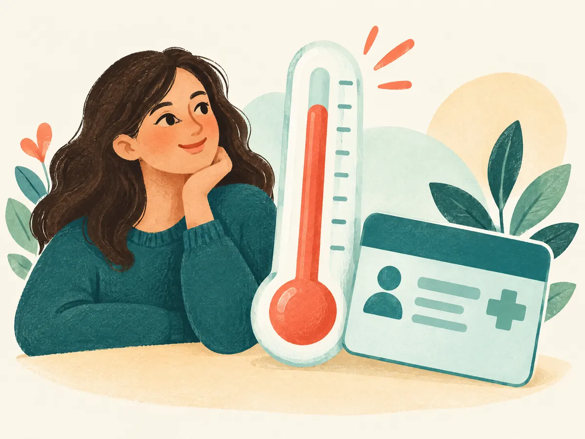 Illustration: a thermometer rising beside a health card.