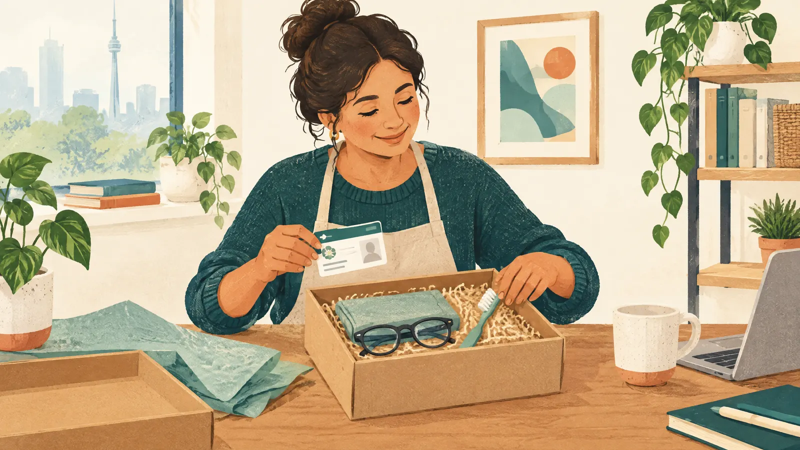 Illustration: a small business owner setting up a welcome kit for a new employee with a health card, glasses and a toothbrush.