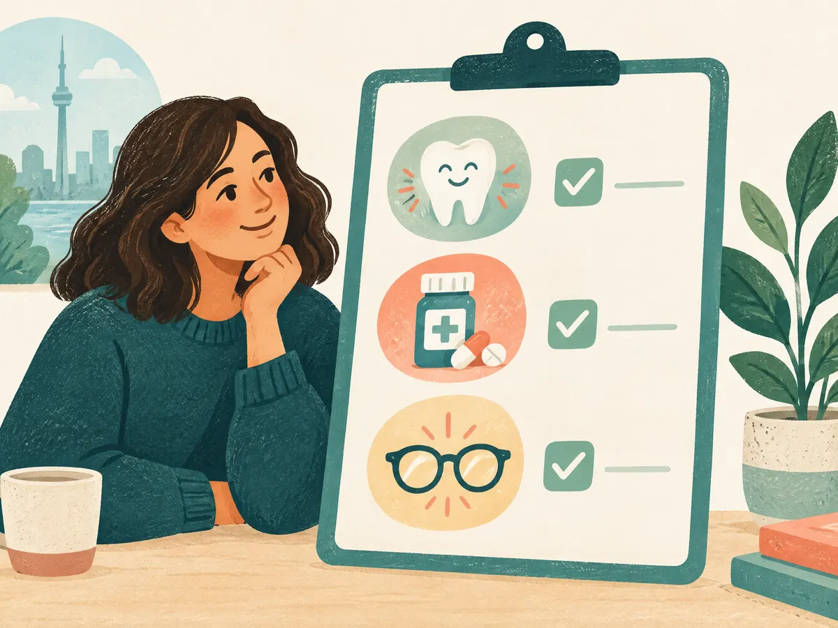 Illustration: a checklist board with friendly icons for a dentist, a pharmacy and glasses.