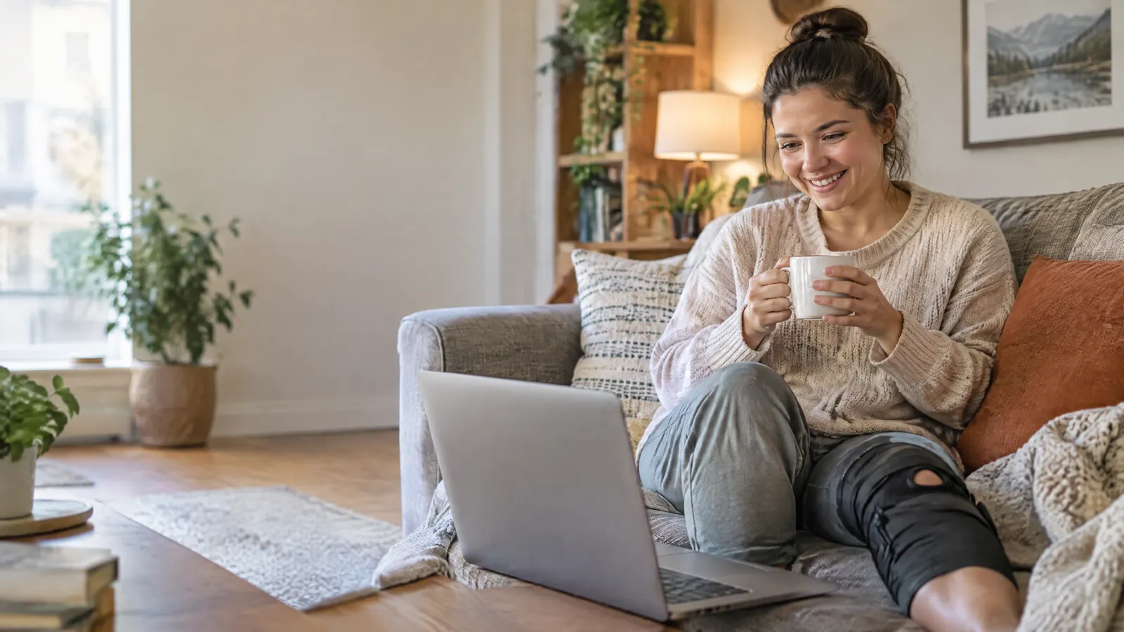 A woman in comfortable clothes sits on her living room couch with a mug of tea and a light knee brace, smiling as she video-calls a coworker on a laptop during her recovery at home.
