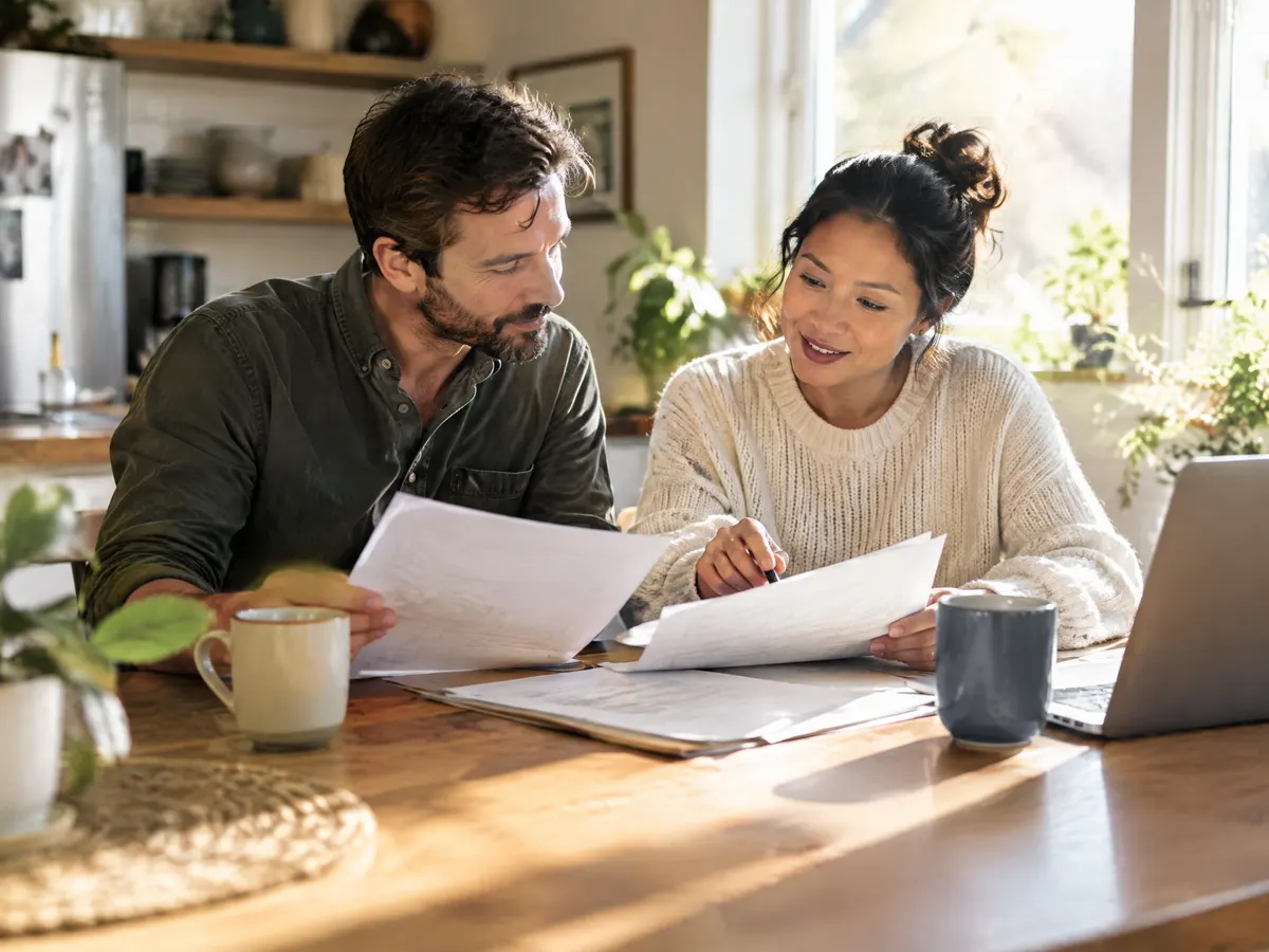 A small business owner and an HR coordinator review printed benefit documents together at a sunny kitchen-style office table with coffee cups and a laptop.