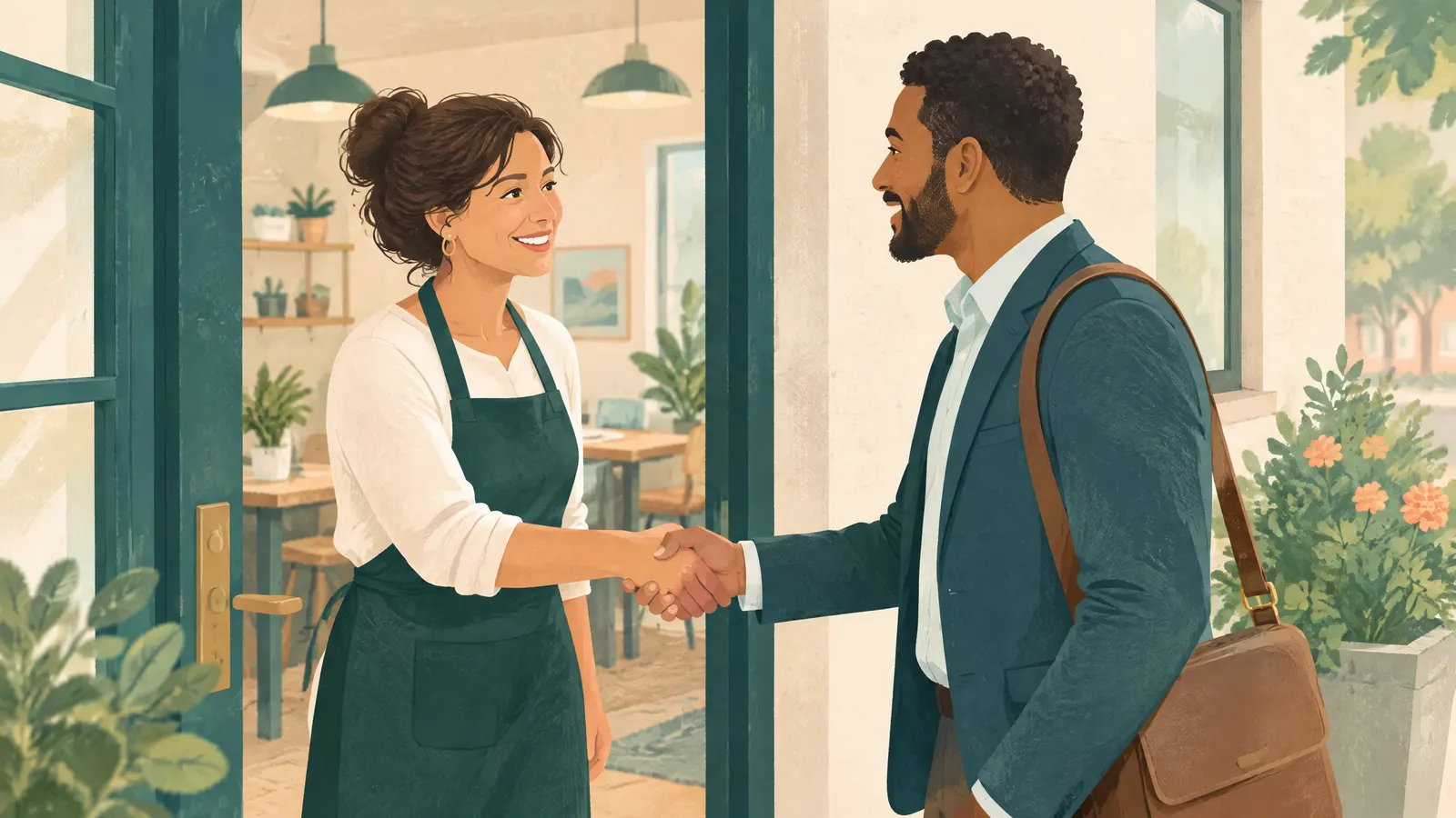 Illustration: a business owner shaking hands with a new advisor at a doorway, friendly and warm.