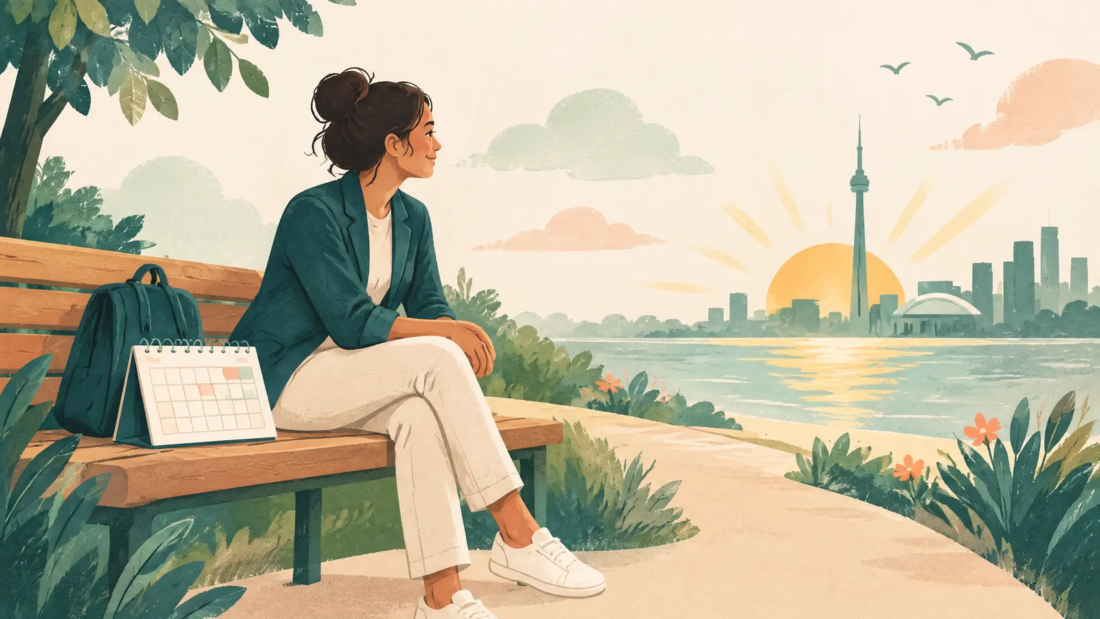 Illustration: a new employee waiting on a bench with a calendar and a sunrise ahead.