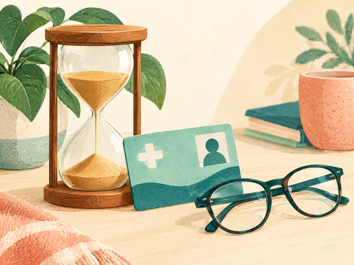 Illustration: an hourglass beside a health card and a pair of glasses.