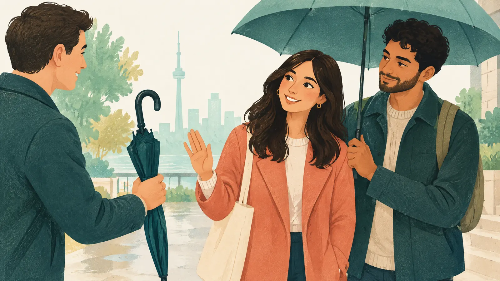 Illustration: a young woman politely declining one umbrella because she already shares her partner's umbrella.