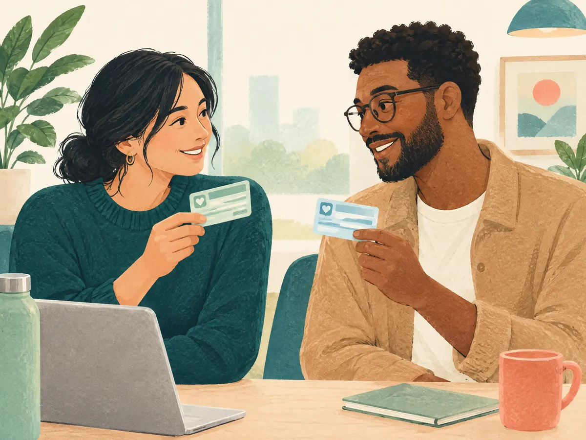 Illustration: two coworkers showing each other their health cards.