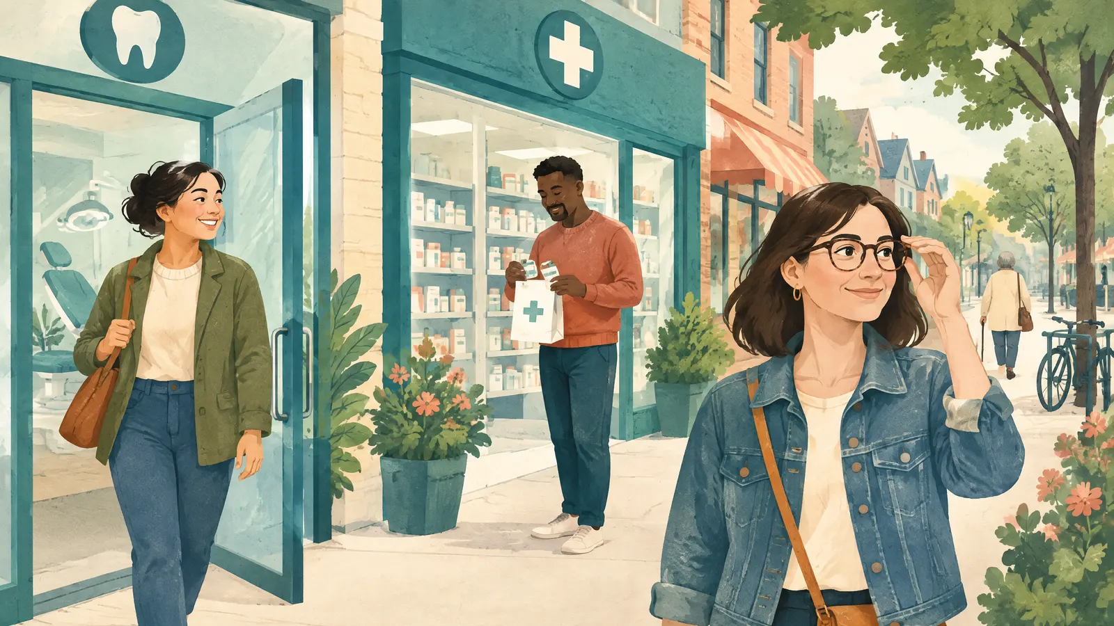 Illustration: a neighbourhood street scene where people use different benefits: one leaving a dentist, one at a pharmacy, one with new glasses.