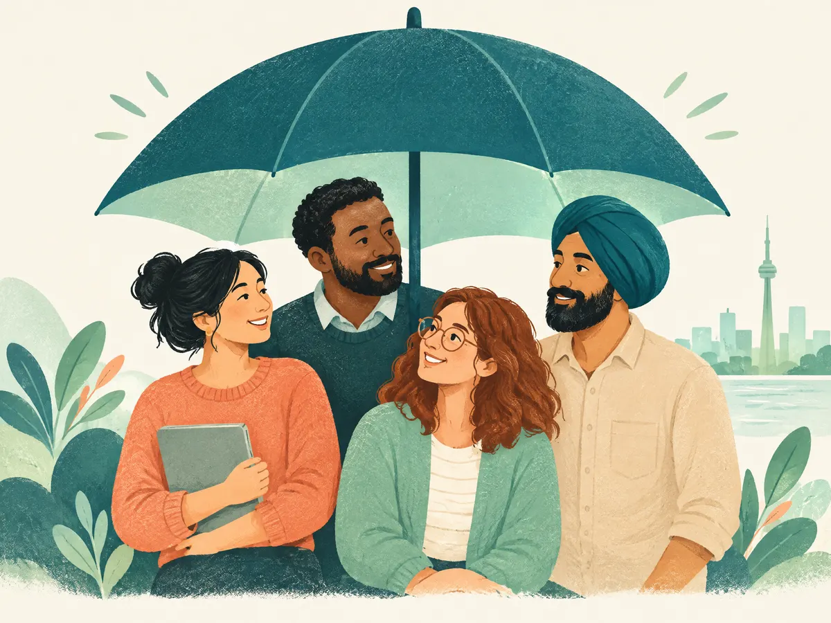 Illustration: a friendly umbrella sheltering a small diverse team.