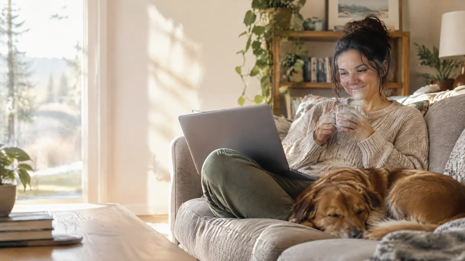 A woman in her thirties sits on a sunlit living room couch with a mug of tea, smiling gently during a video call on her laptop, a dog curled at her feet.