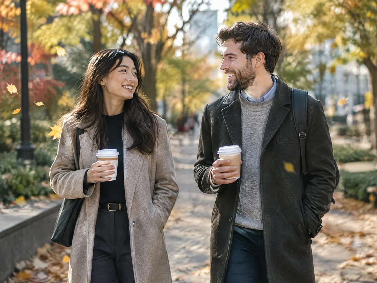 Two co-workers walk side by side along a tree-lined city path at lunch, coffees in hand, talking easily as autumn leaves fall around them.