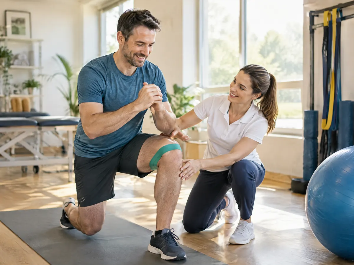 A recreational runner in his late thirties doing a guided knee exercise with an encouraging physiotherapist.