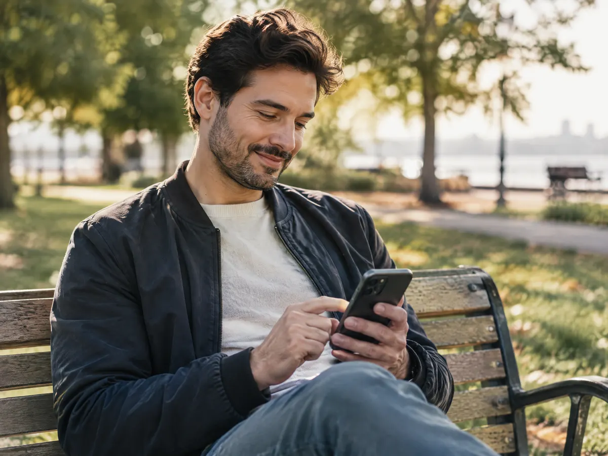 A man booking a registered massage on his phone while sitting on a park bench.