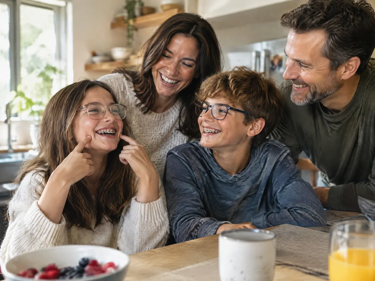 A family of four laughing in their kitchen on a Saturday morning, the kids showing off new glasses and braces.
