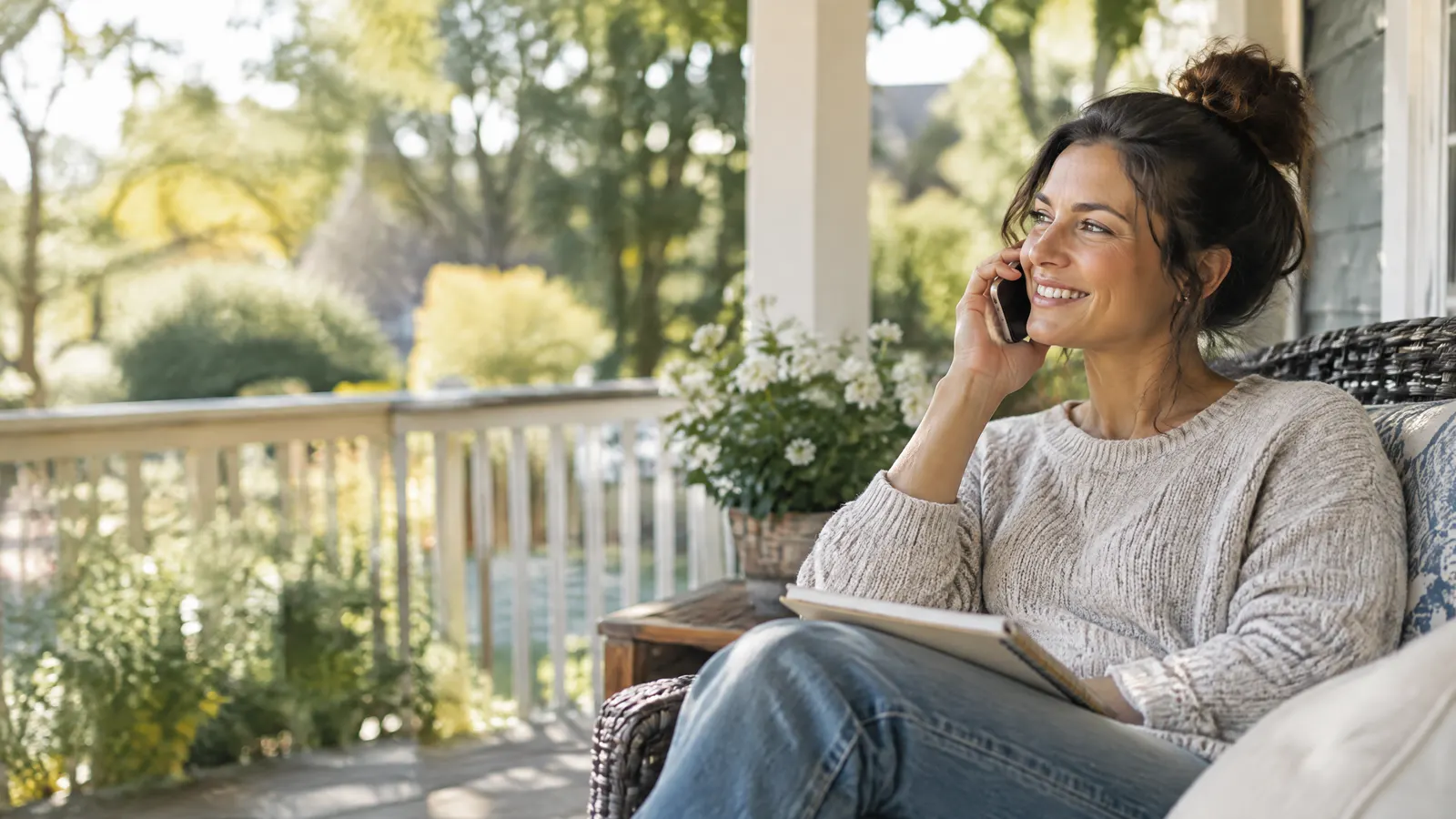 A woman on her sunny porch talking on the phone with a smile, notebook on her lap.