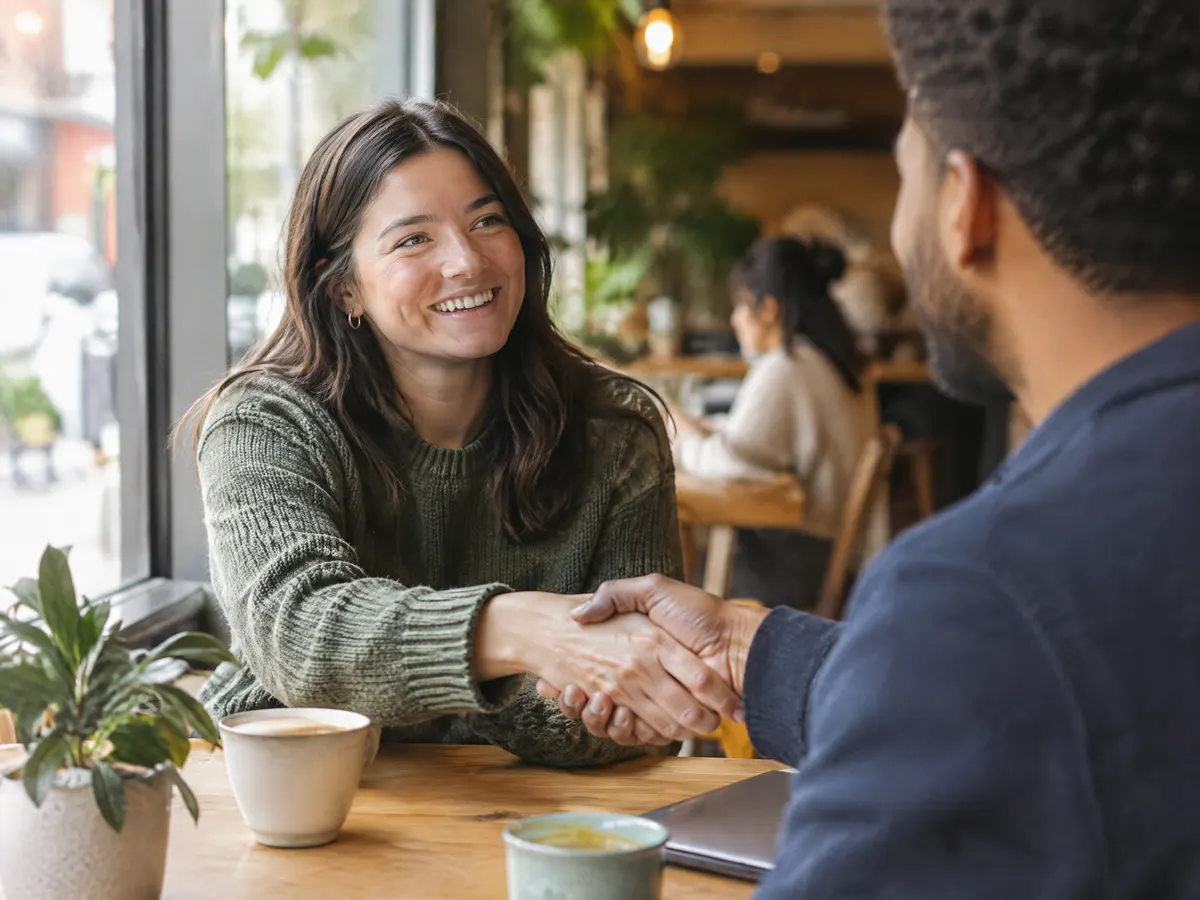 Two people shaking hands warmly at a cafe.