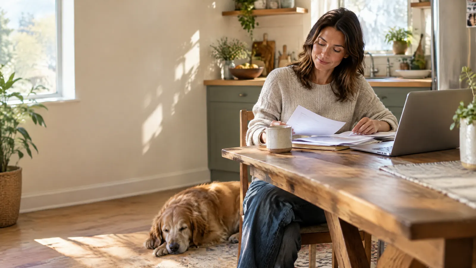 A woman in her thirties sits at a sunny kitchen table with a mug of coffee and a laptop, calmly sorting through paperwork while her dog naps by her feet.
