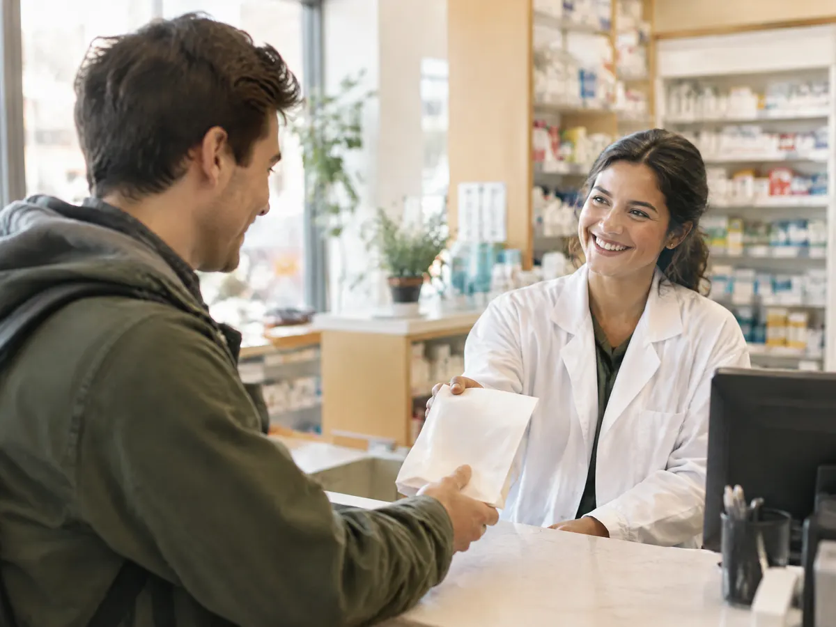 A young man picks up a prescription from a smiling pharmacist at a bright neighbourhood pharmacy counter.