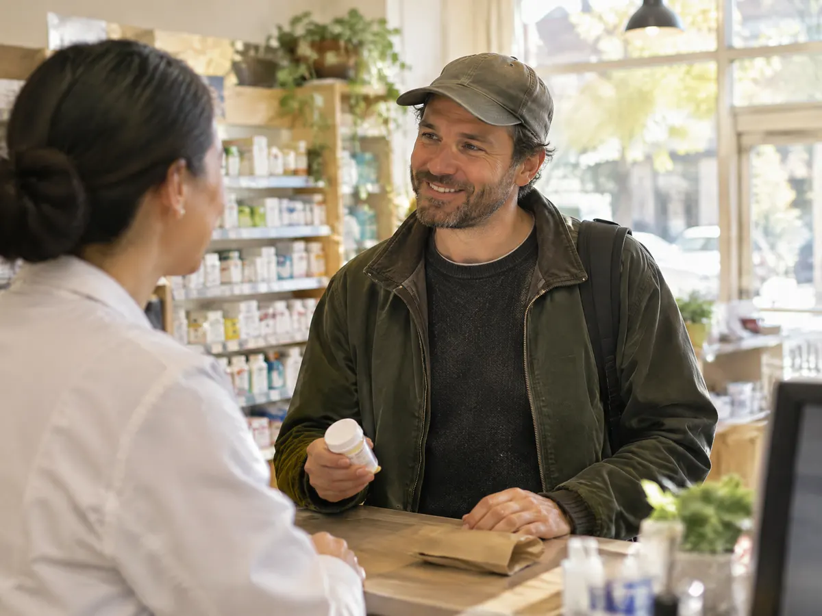 A self-employed man picks up a prescription at a neighbourhood pharmacy counter, chatting with the pharmacist on a sunny afternoon.