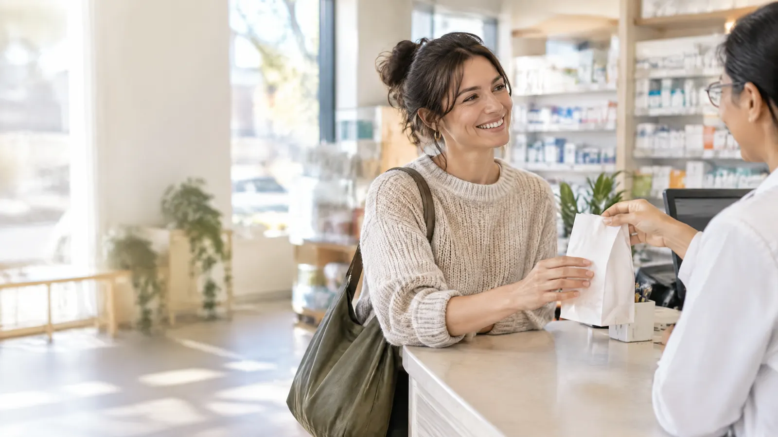A freelance graphic designer in her thirties picks up a prescription at a bright neighbourhood pharmacy counter, smiling as the pharmacist hands her a small paper bag.