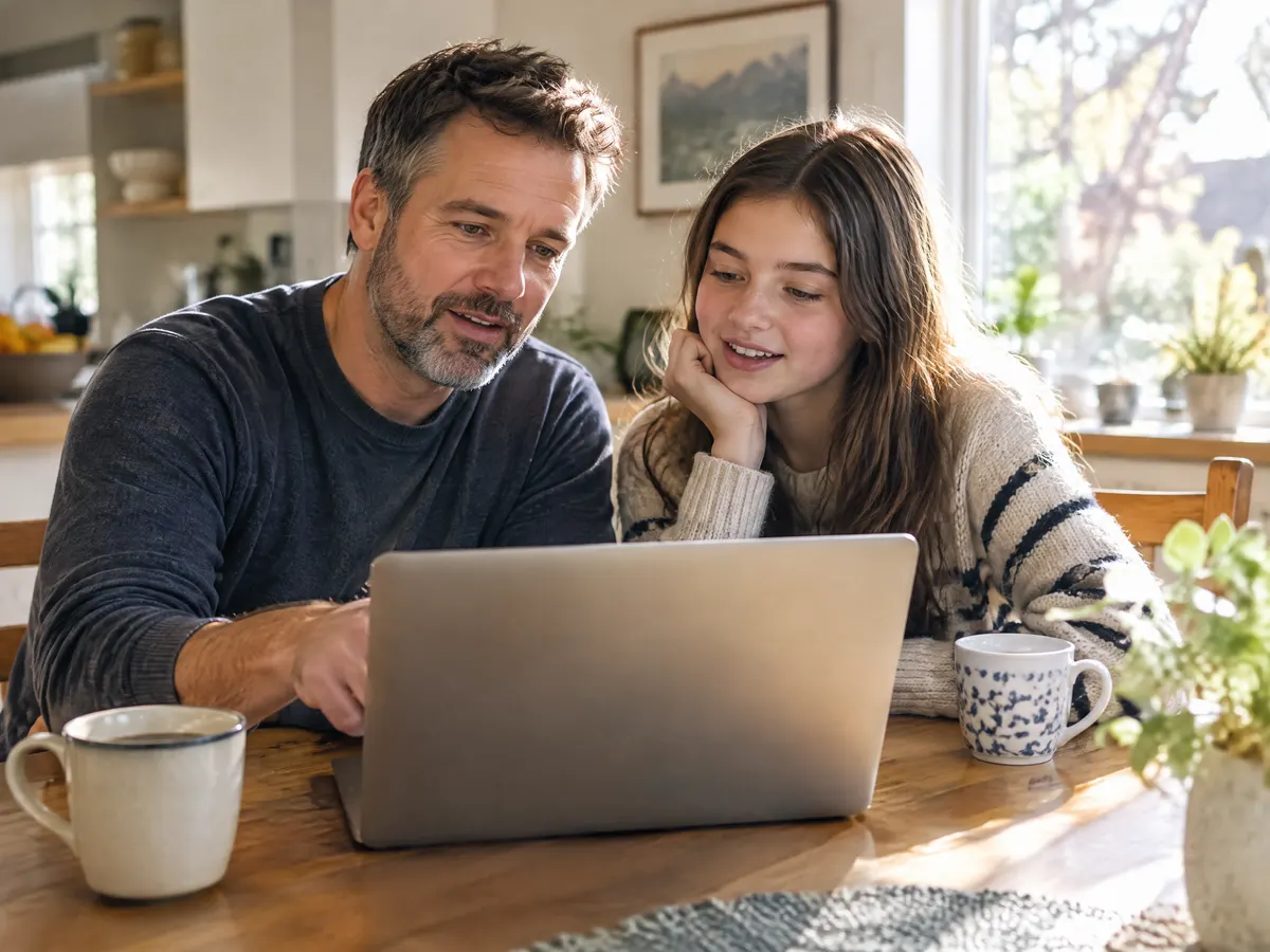 A father and his teenage daughter sit at a kitchen table with a laptop and coffee mugs, comparing health plan options together on a sunny weekend morning.