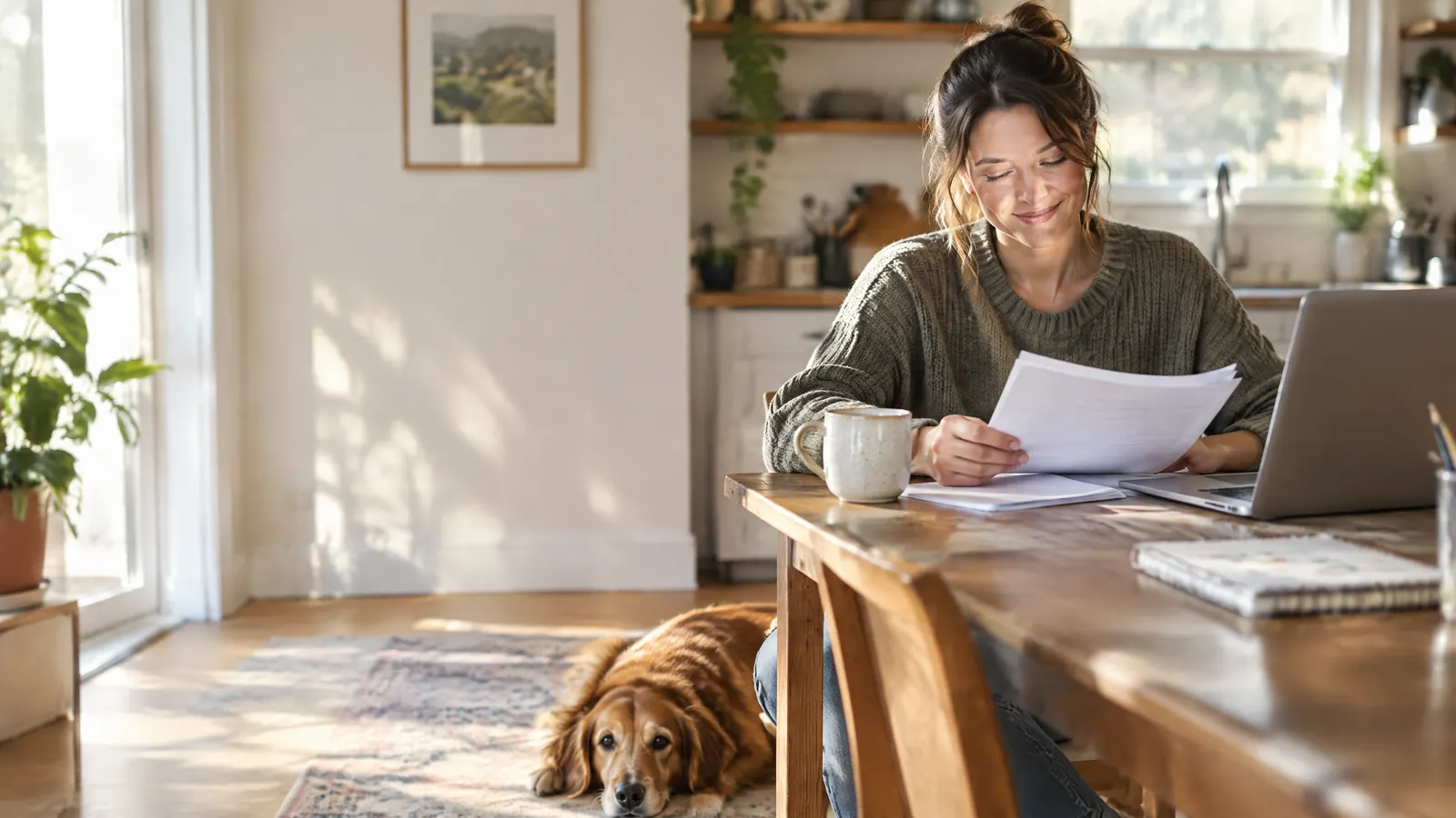 A self-employed graphic designer in her thirties sits at a sunny kitchen table with a laptop and a mug of coffee, smiling as she reviews paperwork, a friendly dog resting at her feet.